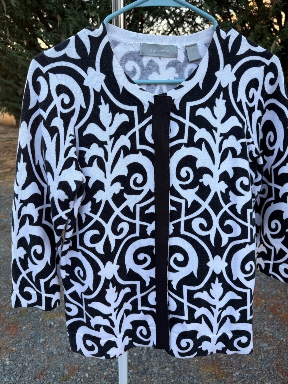Liz Claiborne Black and White Scroll-Print Cardigan [COPY] [COPY]